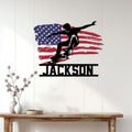 Patriotic skateboarding metal wall sign displayed on a white paneled wall above a console table
