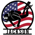 Scuba diver silhouette metal sign with a patriotic American flag background and custom design