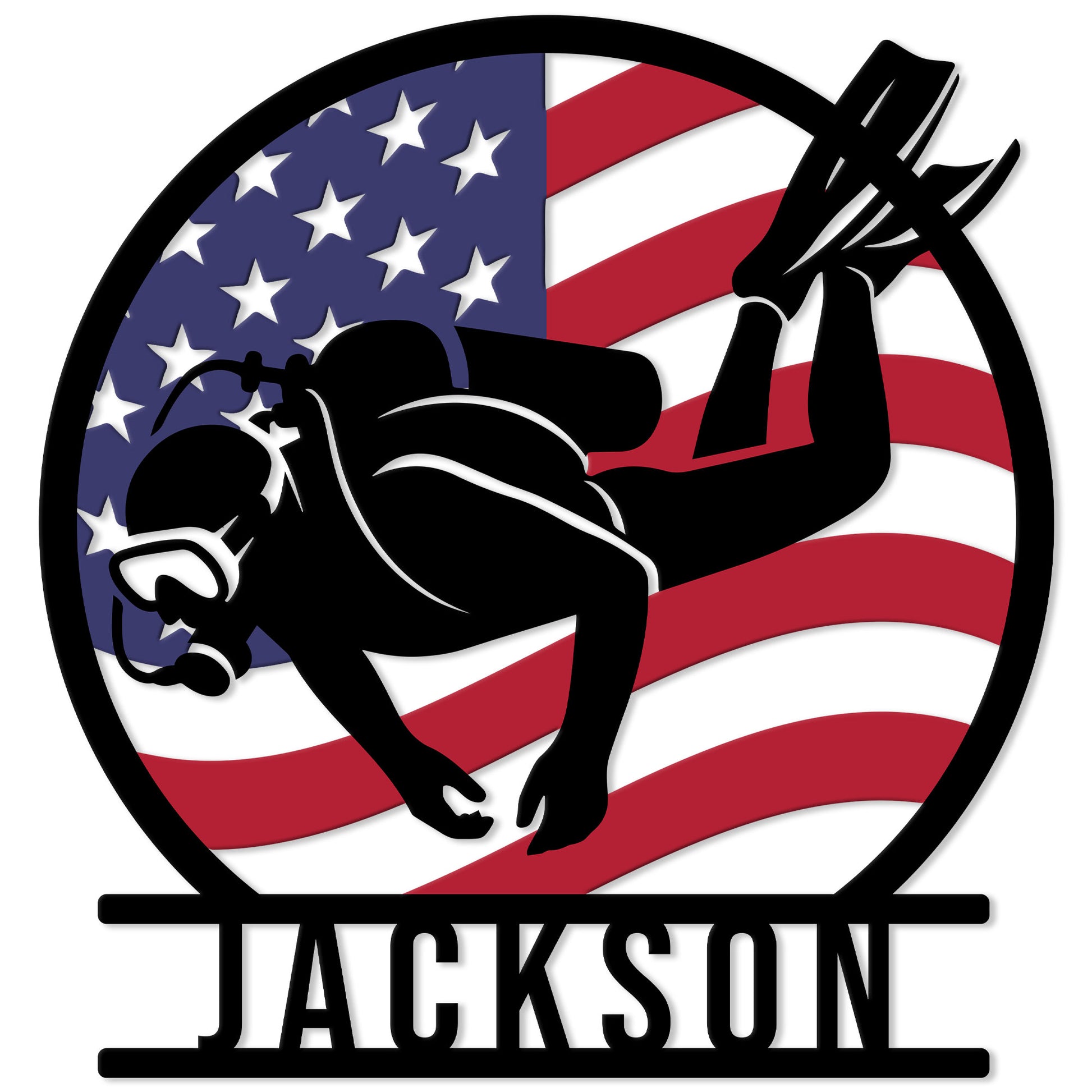 Scuba diver silhouette metal sign with a patriotic American flag background and custom design