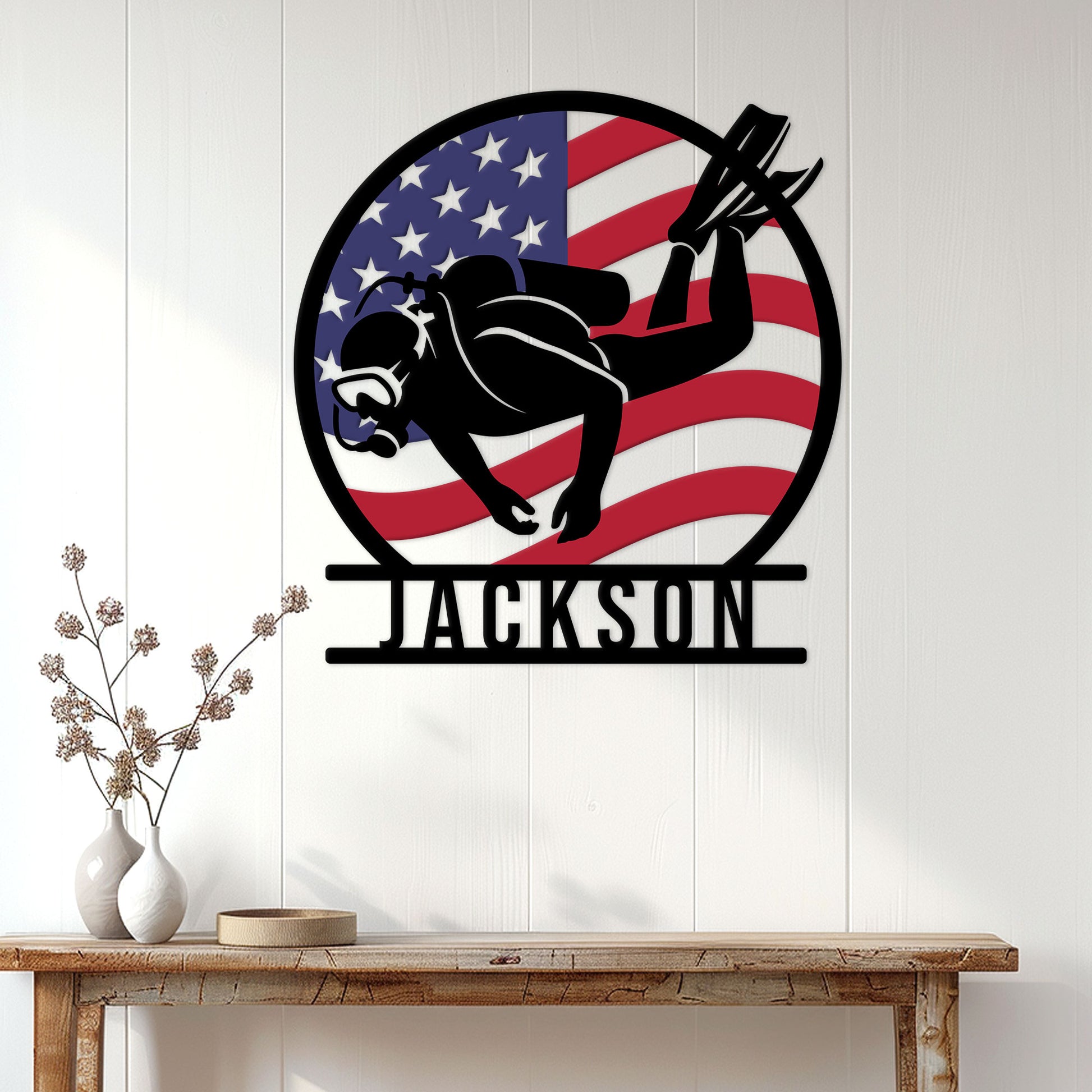 Patriotic scuba diver metal wall sign displayed on a bright home entryway wall