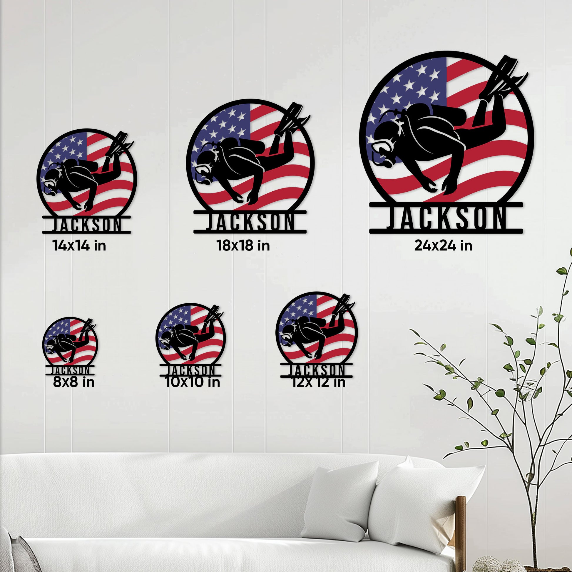 Scuba diver metal sign size guide showing available square sizes from 8 by 8 to 24 by 24 inches