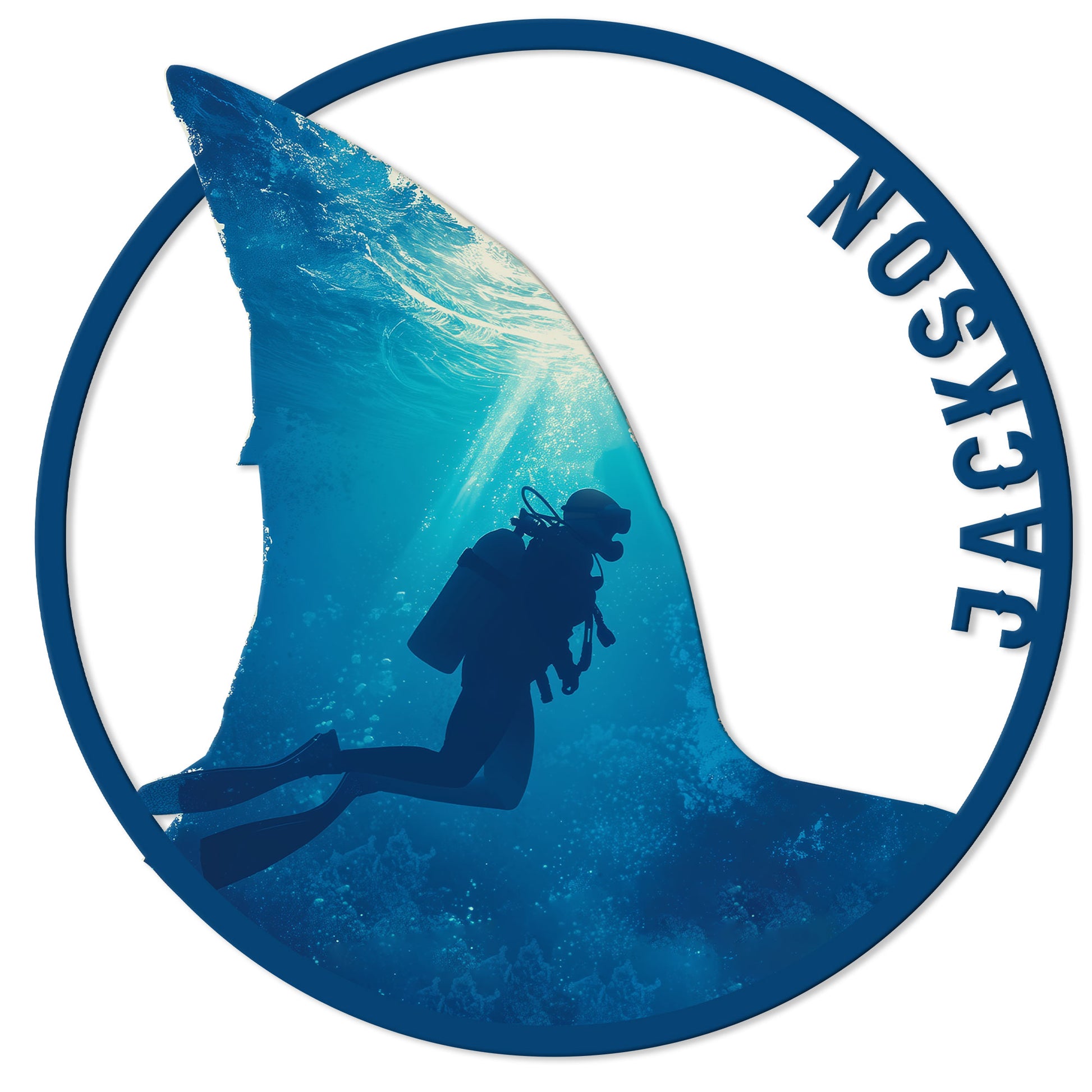 Scuba diving metal sign with a silhouetted diver exploring a blue underwater scene inside a round frame