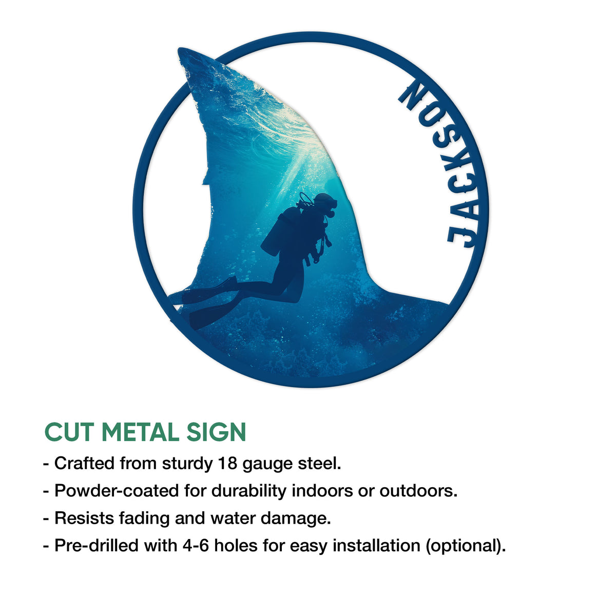 Scuba diver metal sign artwork shown with cut metal sign features and indoor or outdoor display notes