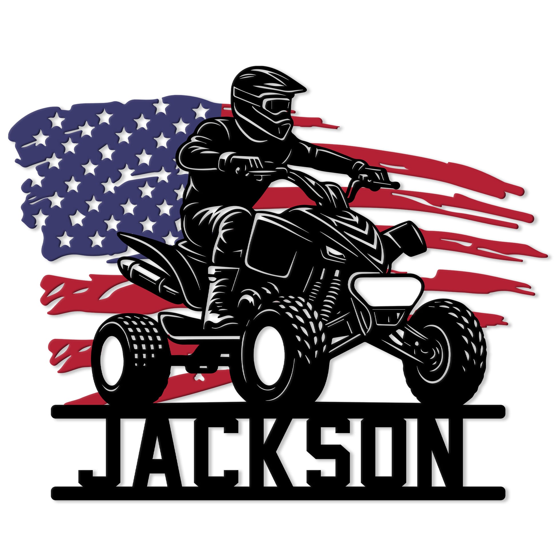 Custom ATV metal sign featuring a helmeted quad rider in front of a distressed American flag design