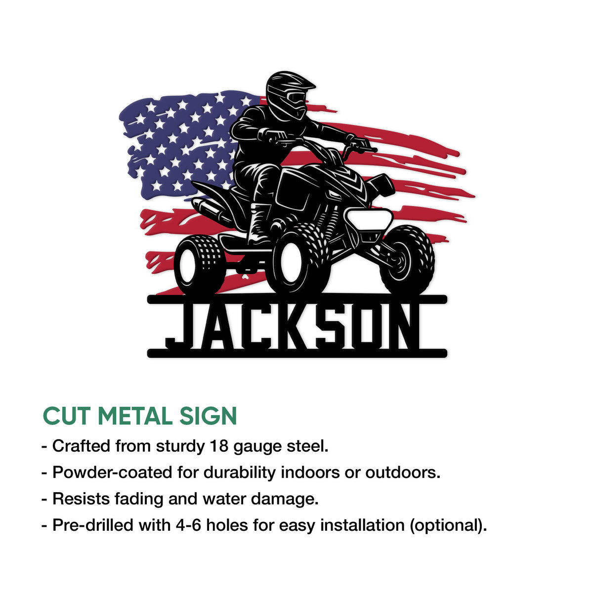 ATV rider metal sign shown with a patriotic flag backdrop and bold personalized-style display lettering