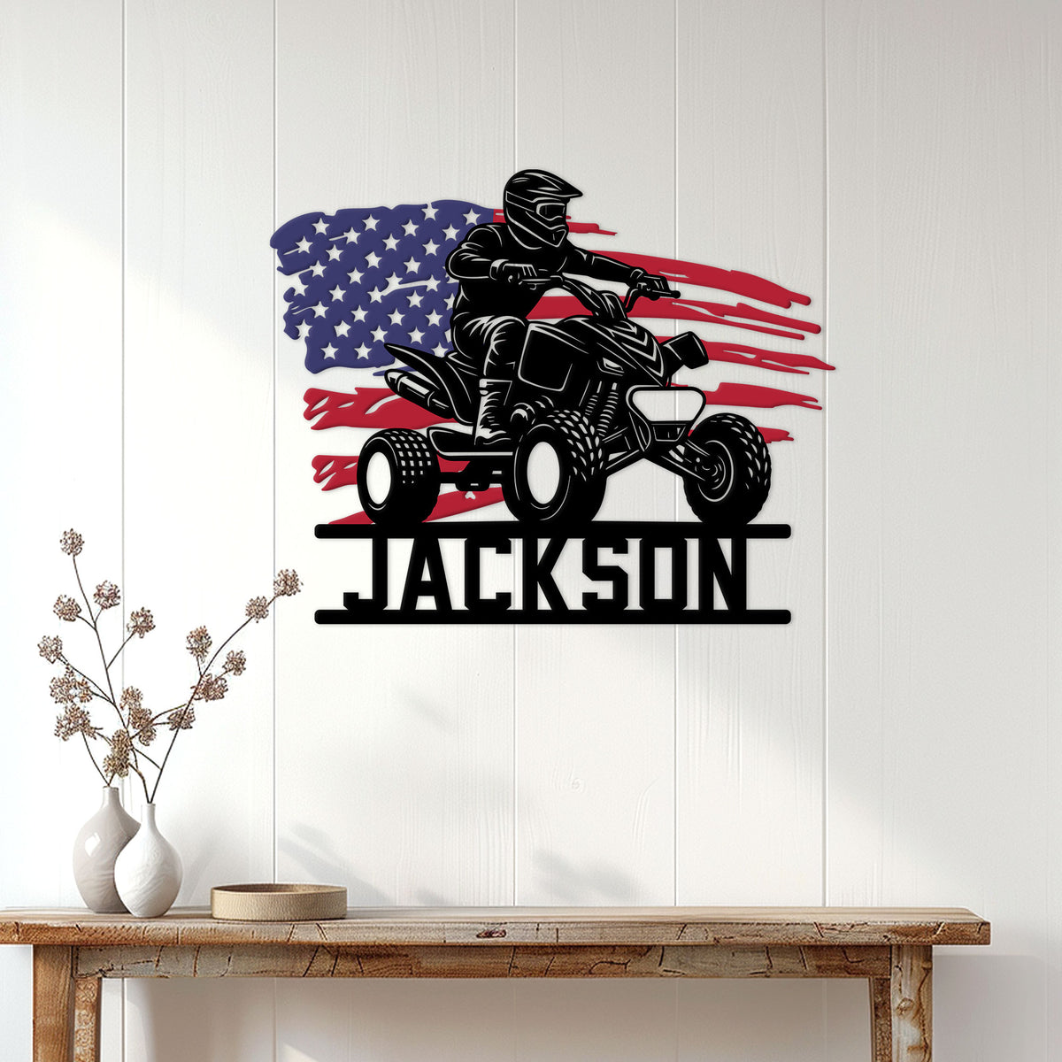 Patriotic ATV wall decor displayed on a white paneled wall above a rustic console table