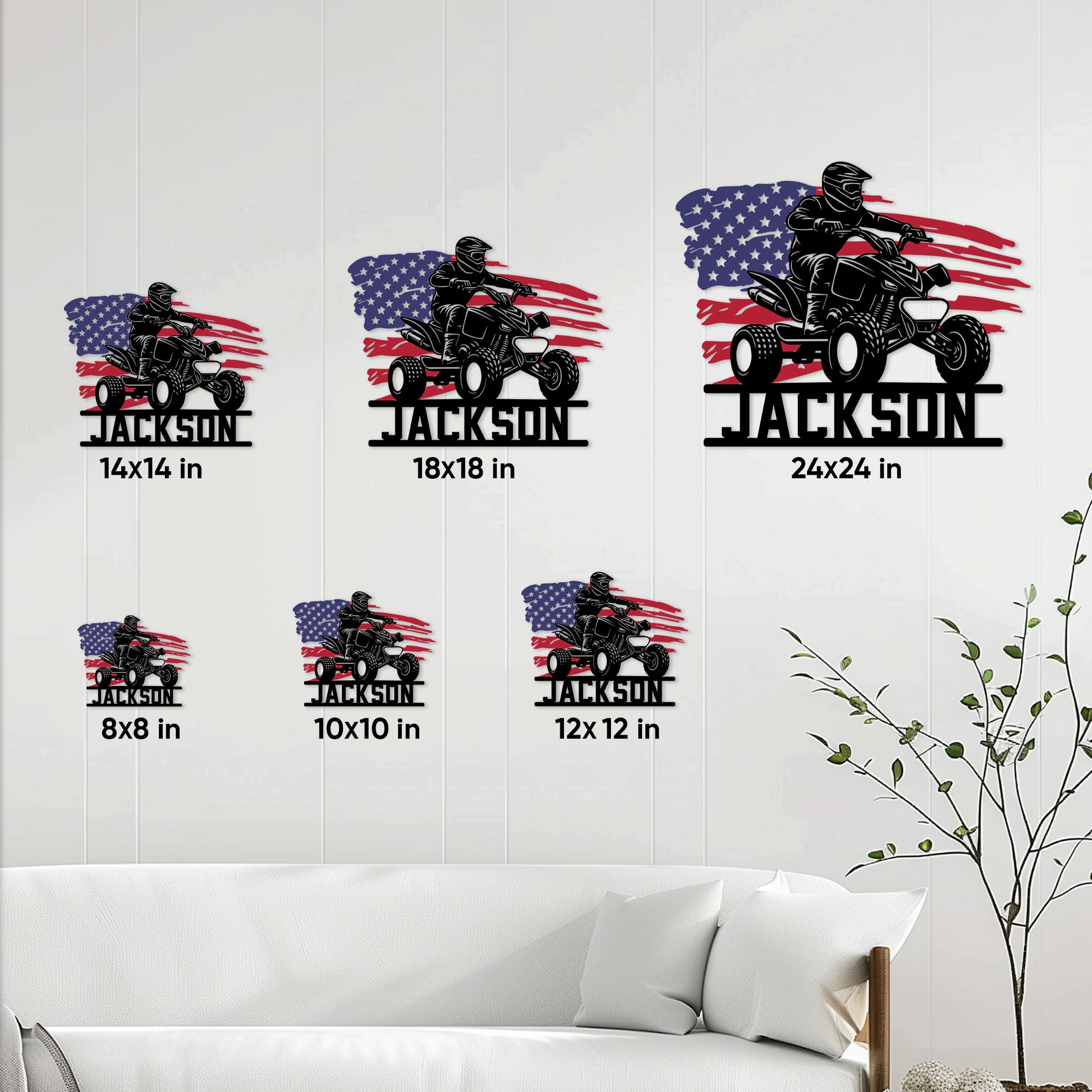 ATV metal sign size guide showing available square sizes from 8 by 8 inches to 24 by 24 inches