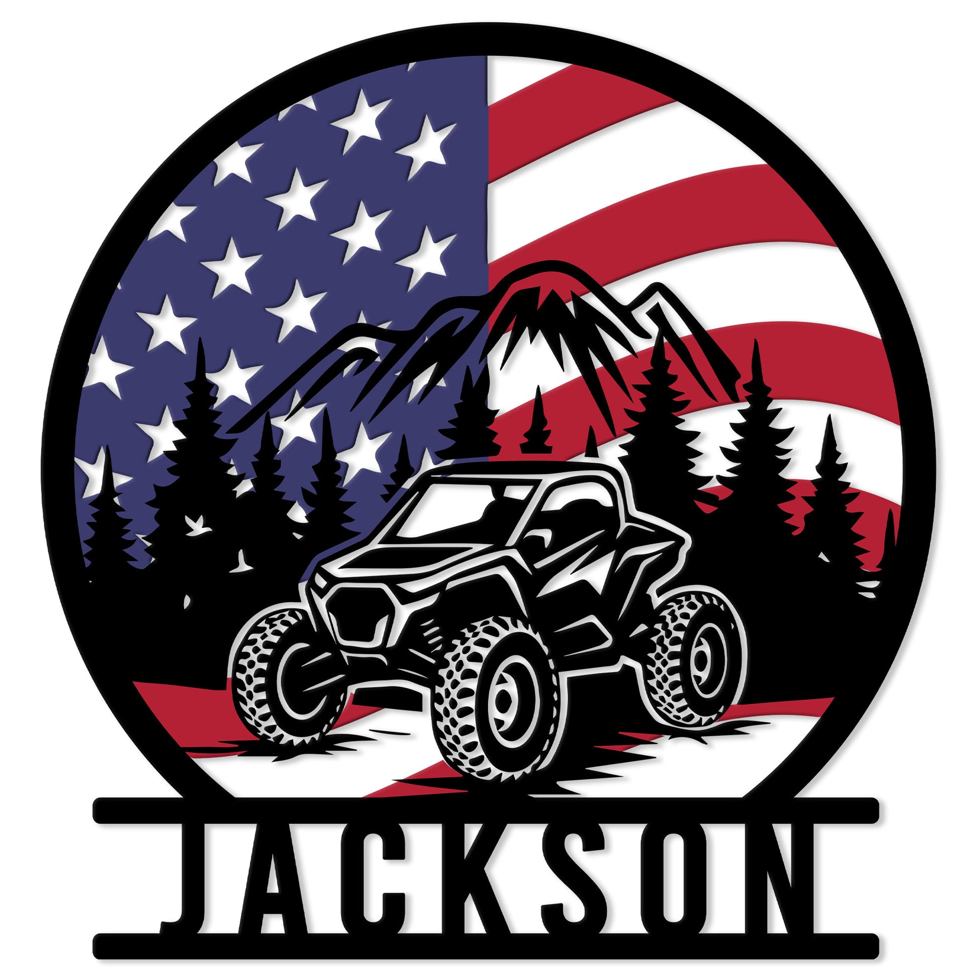 Custom ATV metal sign featuring an off-road quad in a mountain forest beneath an American flag