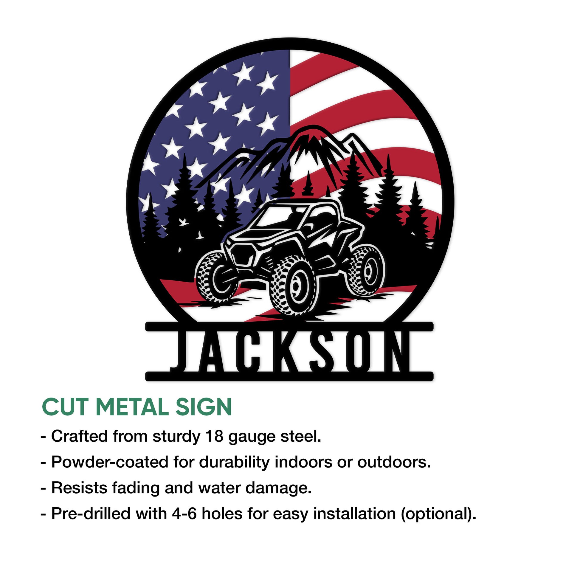 ATV metal sign product graphic showing the patriotic off-road design and cut-metal sign details