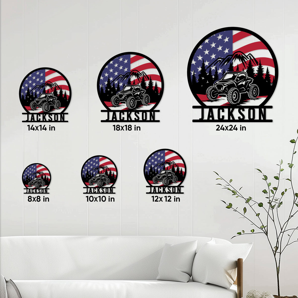 ATV metal sign size guide showing six available square sizes from 8x8 to 24x24 inches