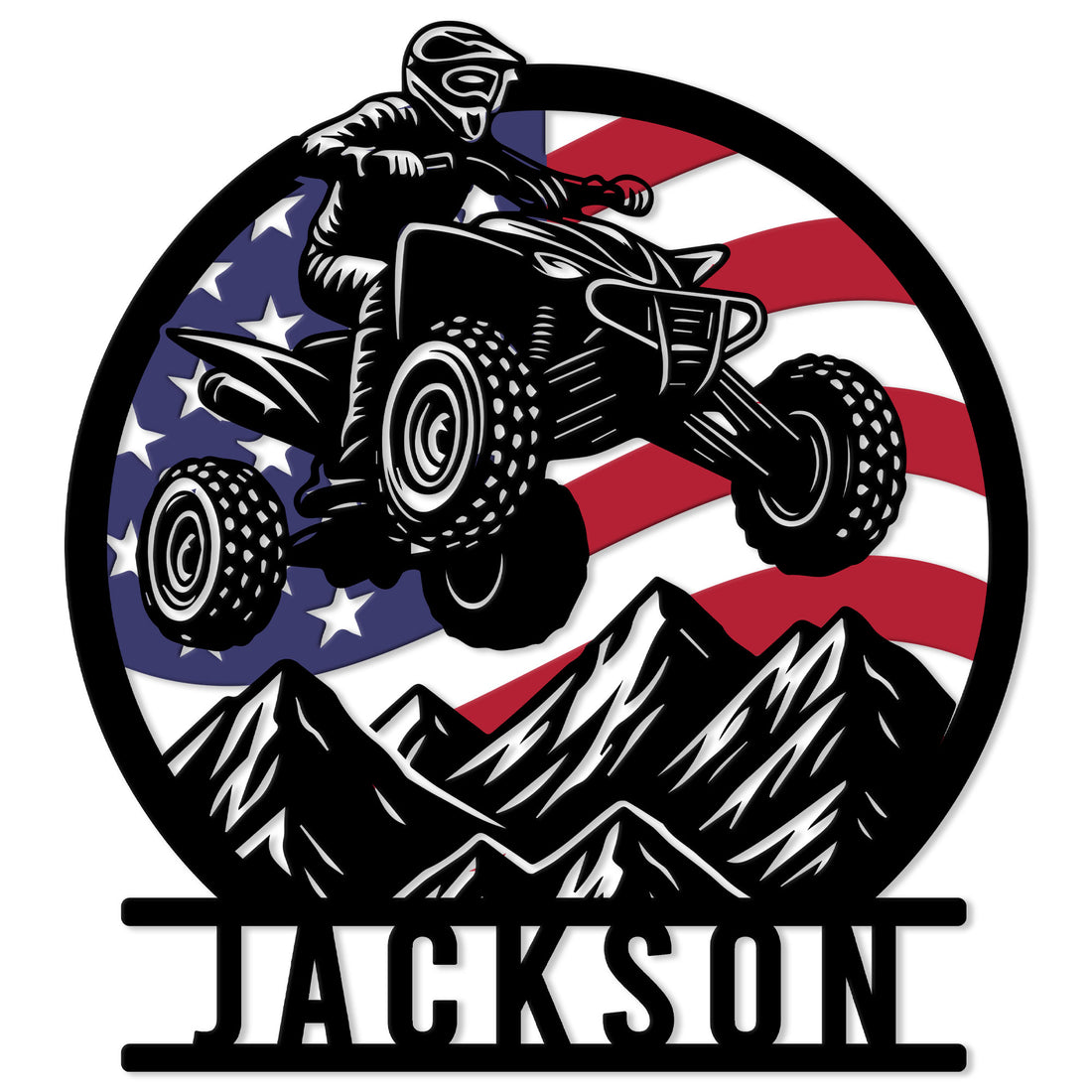 Custom ATV metal sign featuring a helmeted rider, American flag background, and mountain silhouette