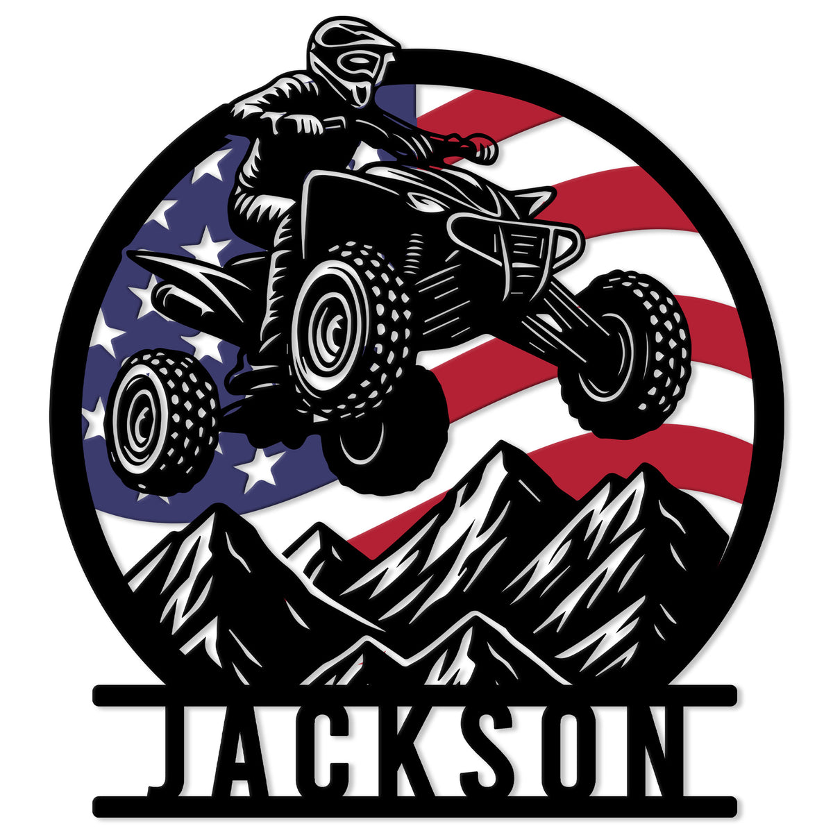 Custom ATV metal sign featuring a helmeted rider, American flag background, and mountain silhouette