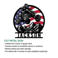 ATV cut metal sign shown with a patriotic flag and mountain design in a product feature infographic