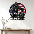 Patriotic ATV wall sign displayed on white wood paneling above a console table