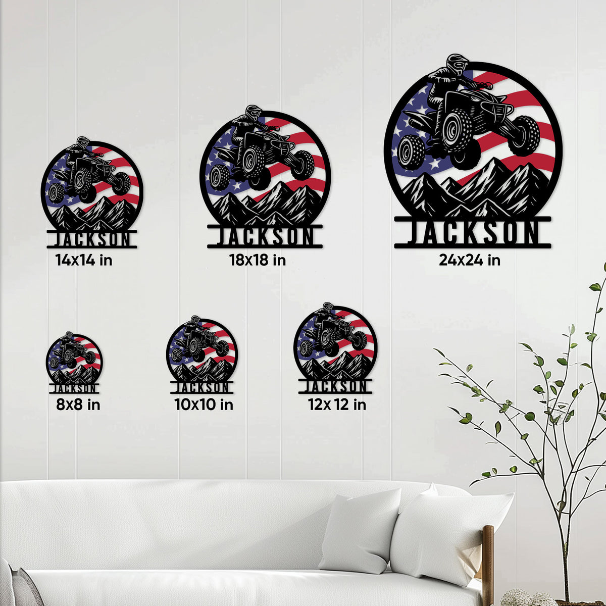 ATV metal sign size guide showing 8, 10, 12, 14, 18, and 24 inch options