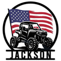 Patriotic ATV metal sign featuring a rugged UTV beneath a waving American flag