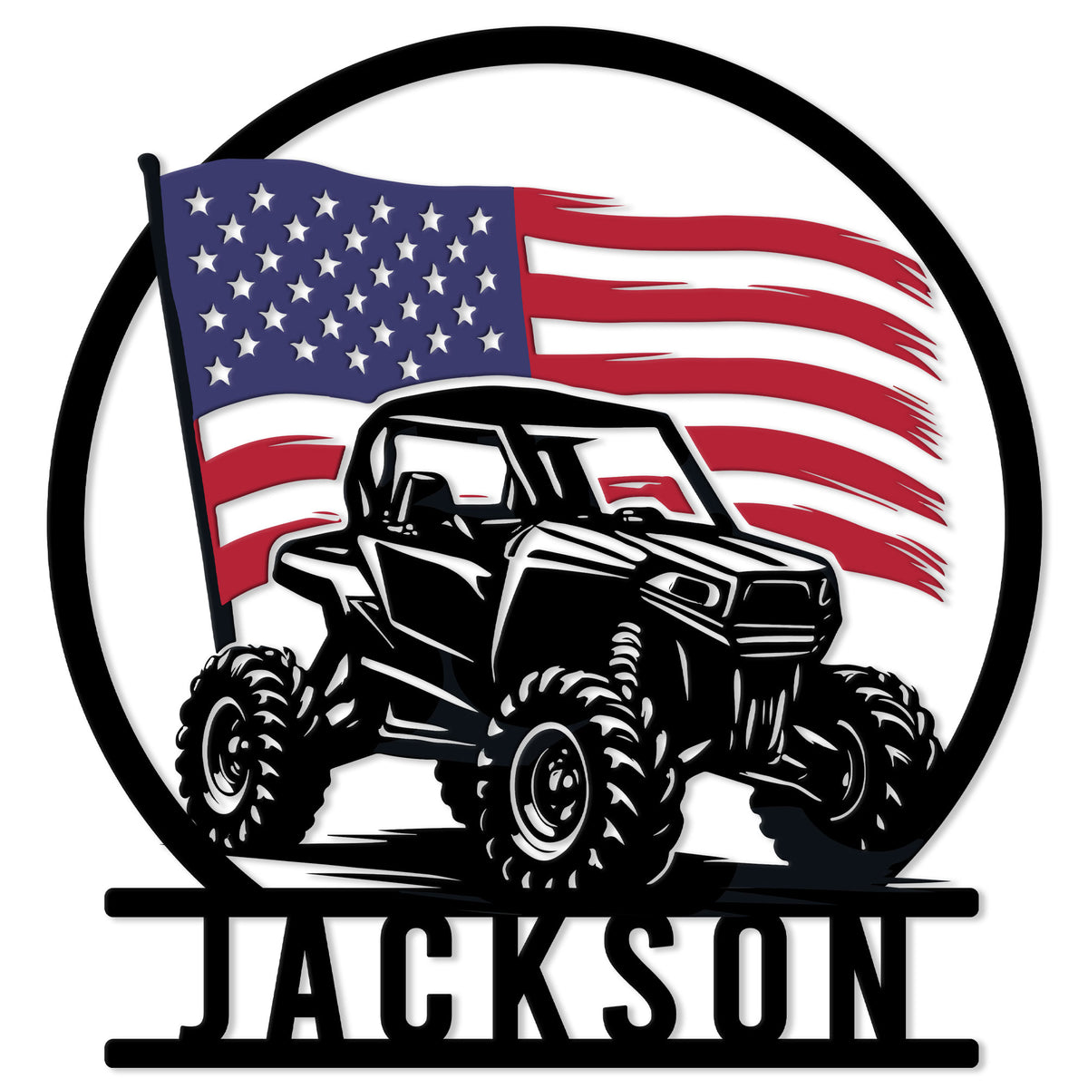 Patriotic ATV metal sign featuring a rugged UTV beneath a waving American flag