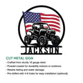 ATV metal sign product infographic showing the patriotic UTV design and available sign features