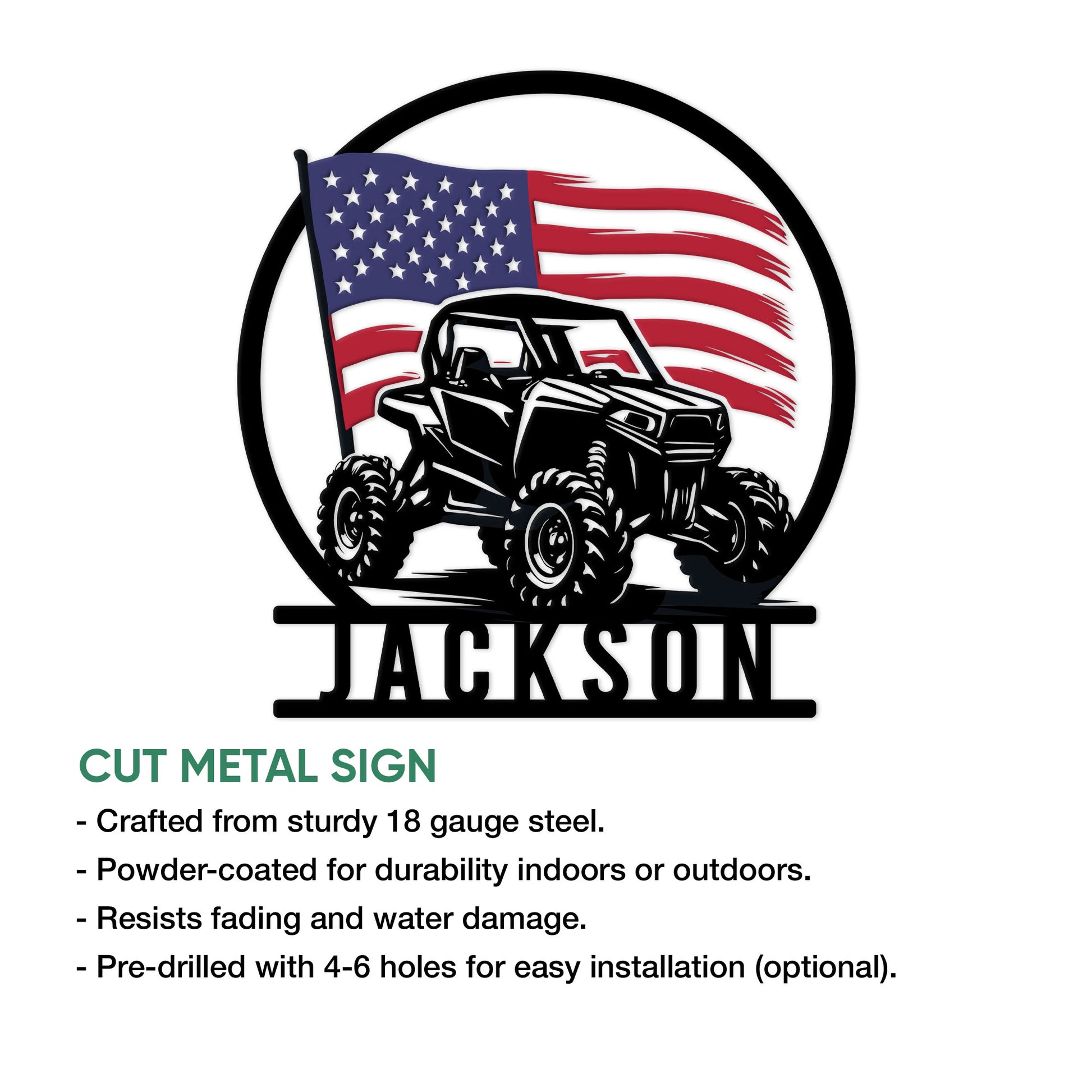 ATV metal sign product infographic showing the patriotic UTV design and available sign features