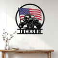 Patriotic UTV metal sign displayed on a bright white interior wall above a wood console