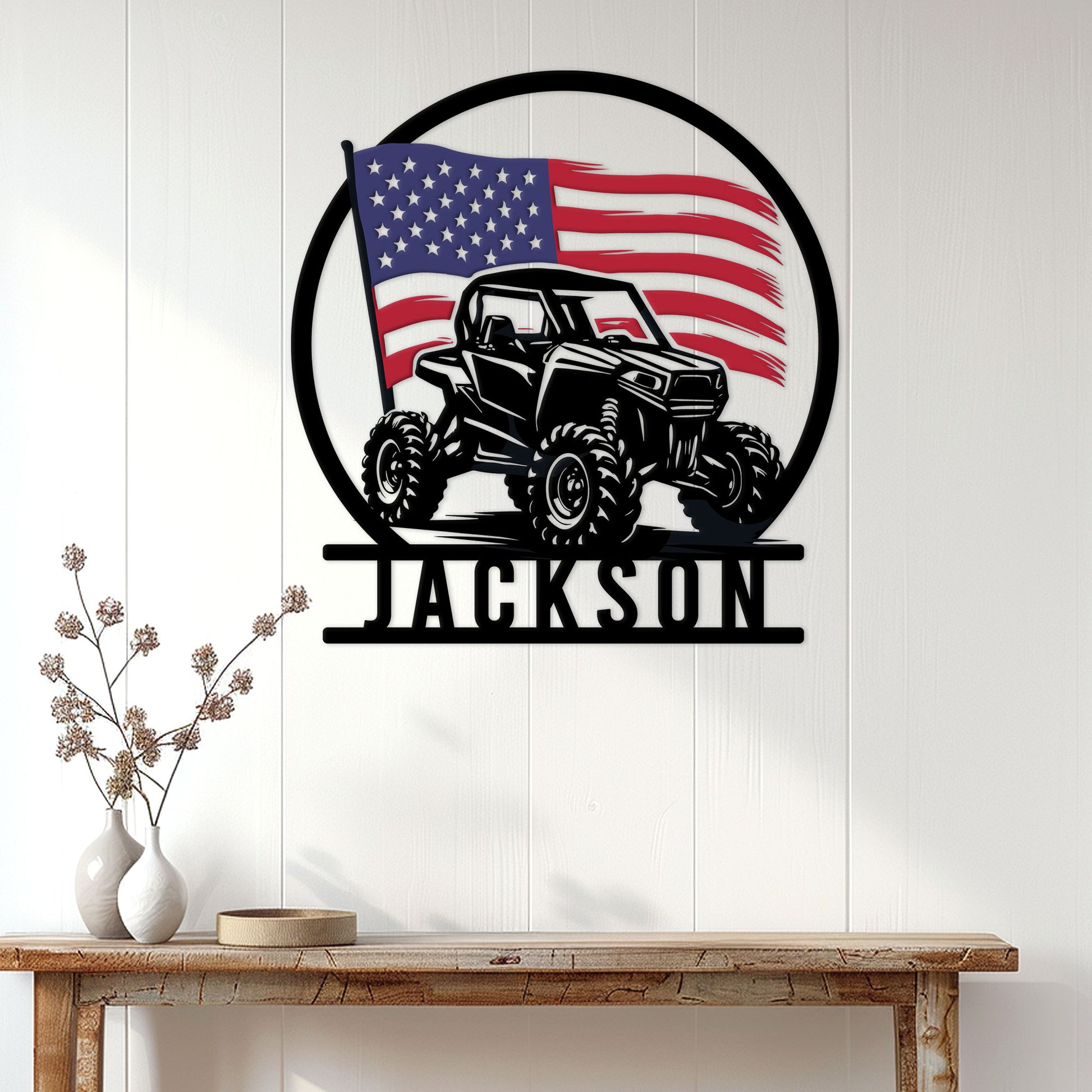 Patriotic UTV metal sign displayed on a bright white interior wall above a wood console
