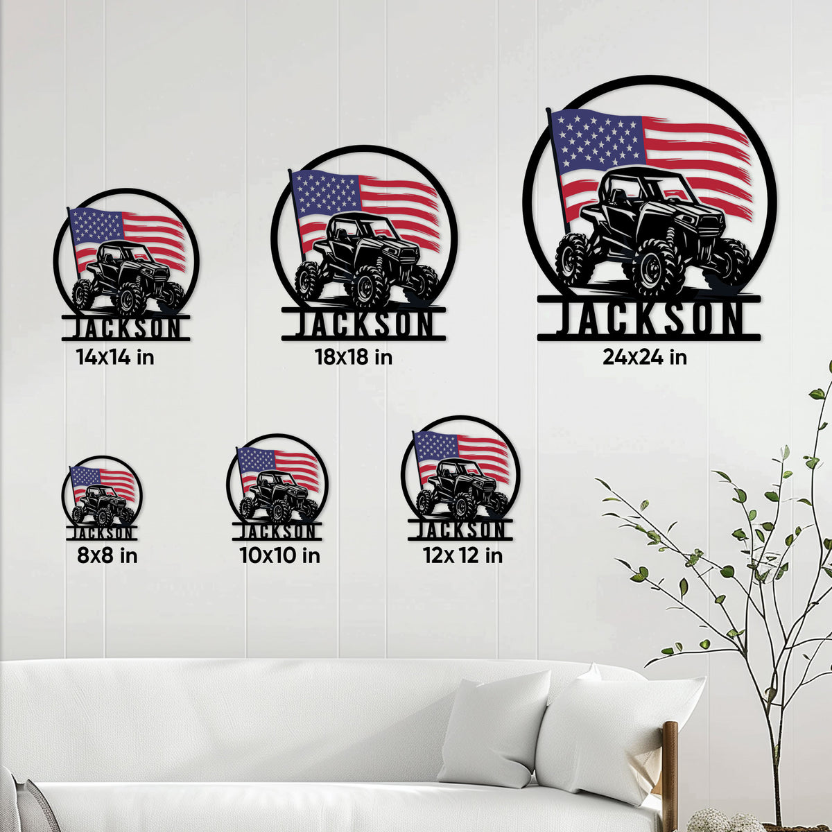 ATV metal sign size guide showing available square sizes from 8 by 8 to 24 by 24 inches