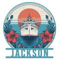 Custom cruise ship metal sign featuring a front-facing ocean liner, tropical flowers, sunset, and wave design