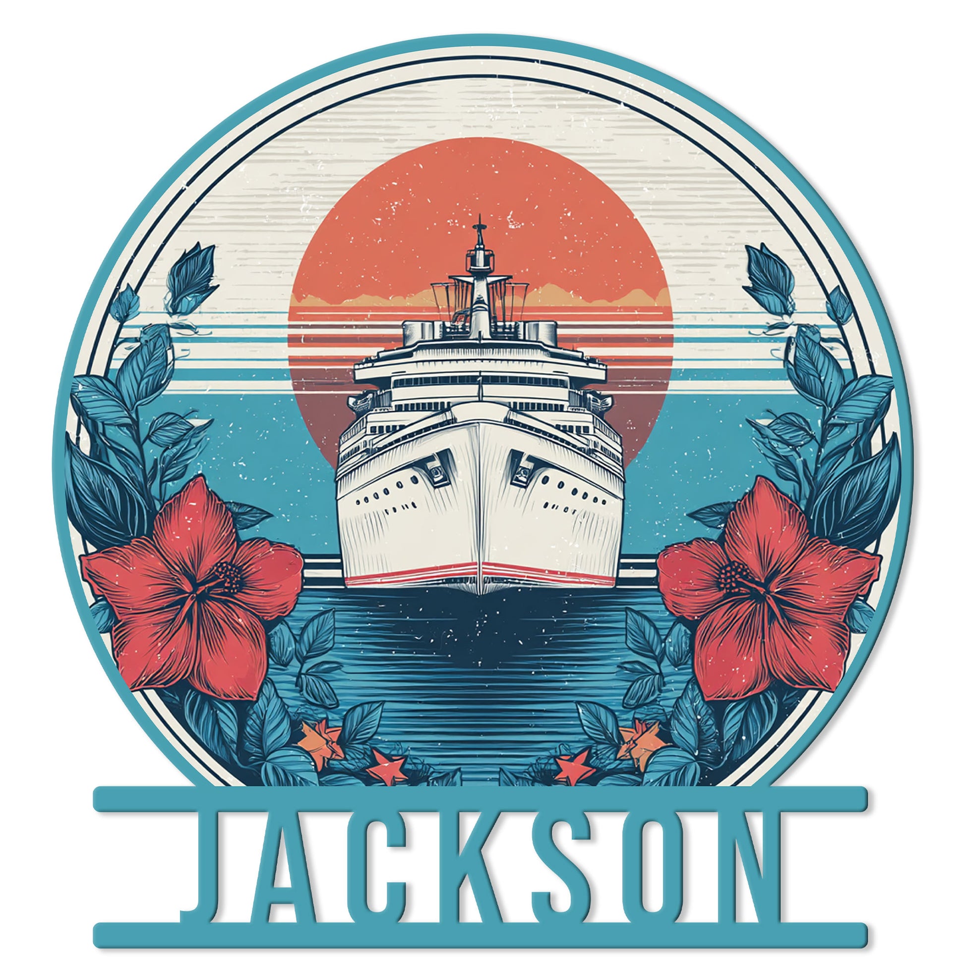 Custom cruise ship metal sign featuring a front-facing ocean liner, tropical flowers, sunset, and wave design