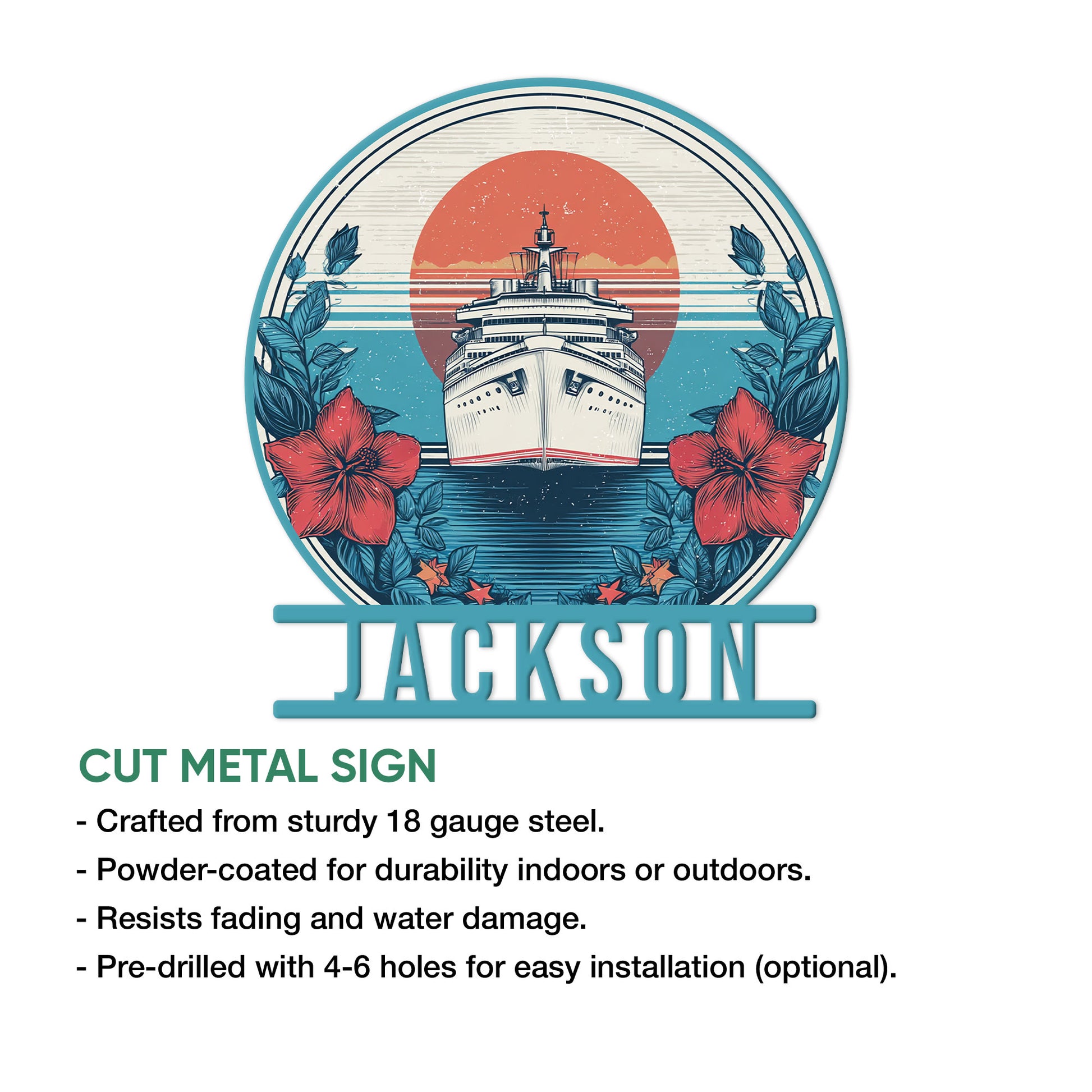 Cruise ship metal sign product infographic showing the tropical liner artwork and available sign features