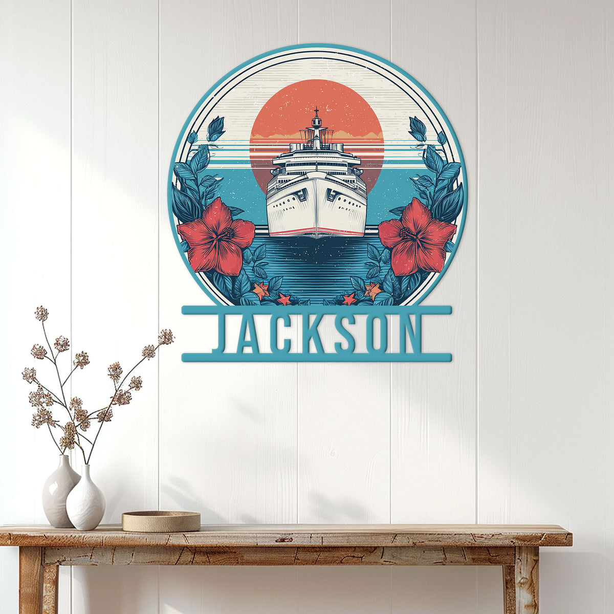Cruise ship wall sign displayed on a light paneled wall above a console table in a coastal home setting