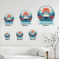 Cruise ship metal sign shown in multiple size options above a living room sofa for scale comparison