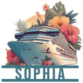 Custom cruise ship metal sign featuring a large ocean liner surrounded by tropical hibiscus flowers and leafy foliage