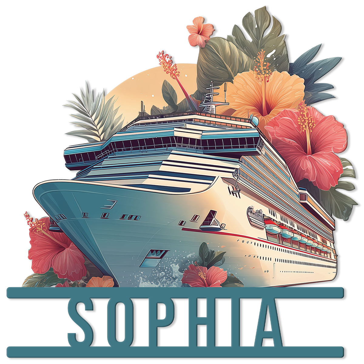 Custom cruise ship metal sign featuring a large ocean liner surrounded by tropical hibiscus flowers and leafy foliage