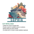 Cruise ship cut metal sign shown with product features and a colorful tropical floral ocean liner design