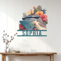 Cruise ship wall sign displayed in a bright living room with tropical flowers and a modern coastal look