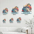Cruise ship metal sign size guide showing multiple square size options in a living room setting