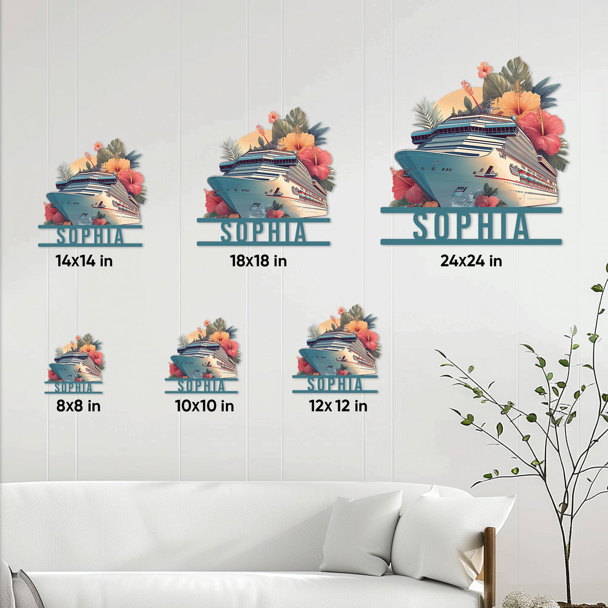 Cruise ship metal sign size guide showing multiple square size options in a living room setting