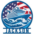 Cruise ship metal sign with ocean waves and American flag artwork
