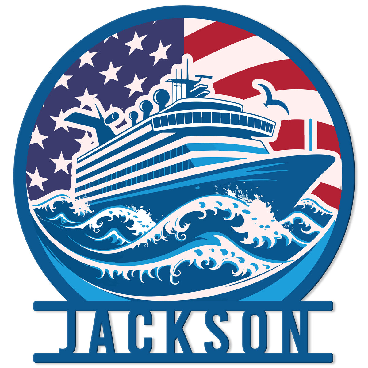 Cruise ship metal sign with ocean waves and American flag artwork