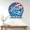 Cruise ship wall sign displayed on a white paneled wall above a console