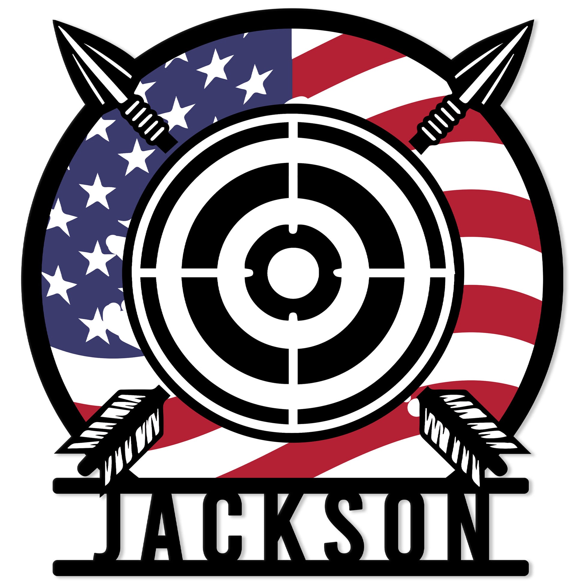 Patriotic archery metal sign featuring a black target, crossed arrows, American flag design, and custom lower display