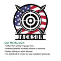 Patriotic archery target cut metal sign shown with product feature details for indoor or outdoor display