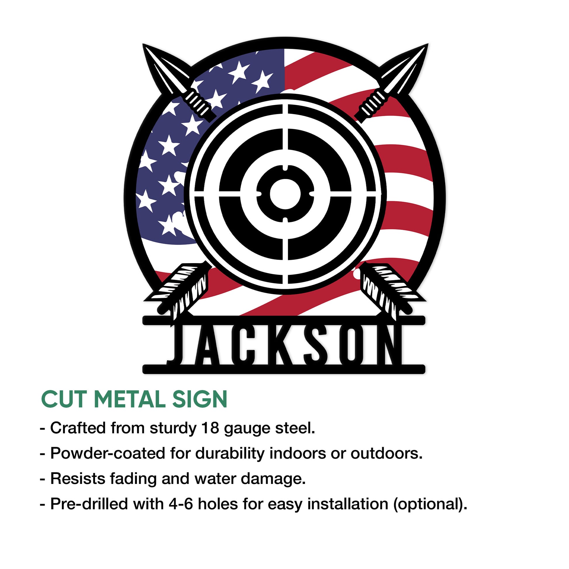 Patriotic archery target cut metal sign shown with product feature details for indoor or outdoor display