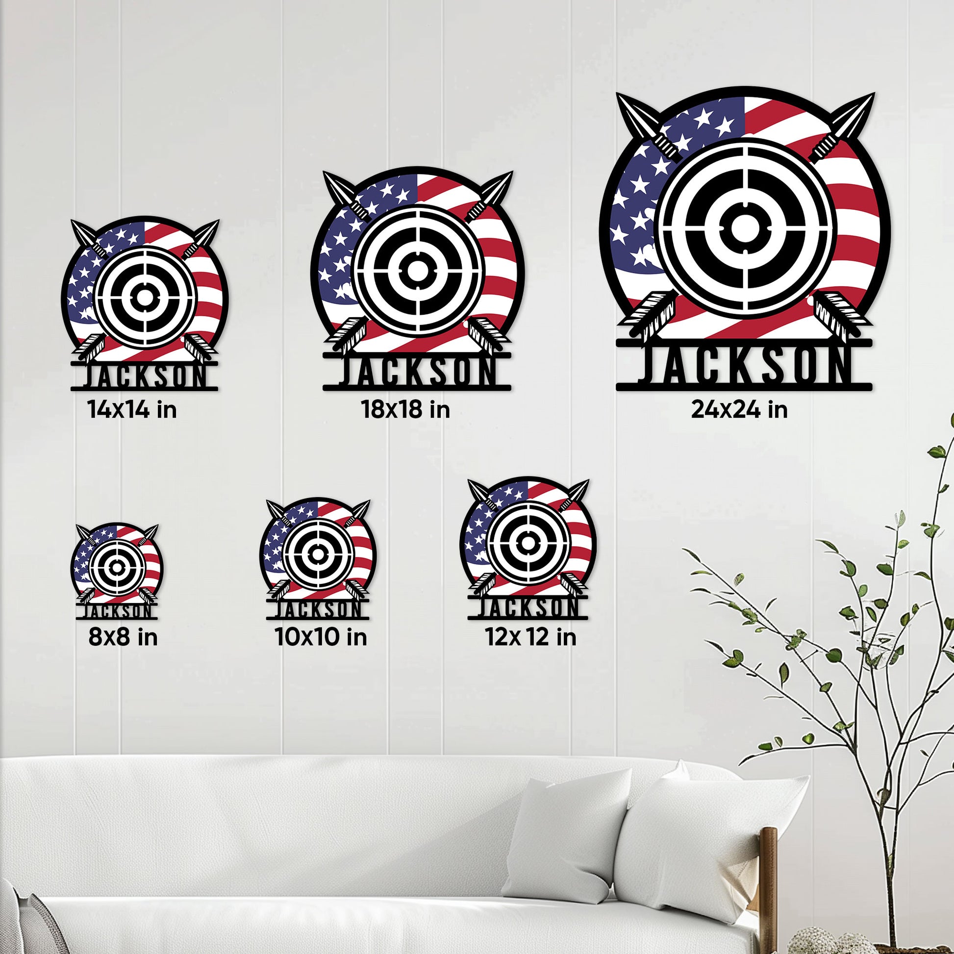Archery target metal sign size guide showing available square sizes from 8 by 8 to 24 by 24 inches