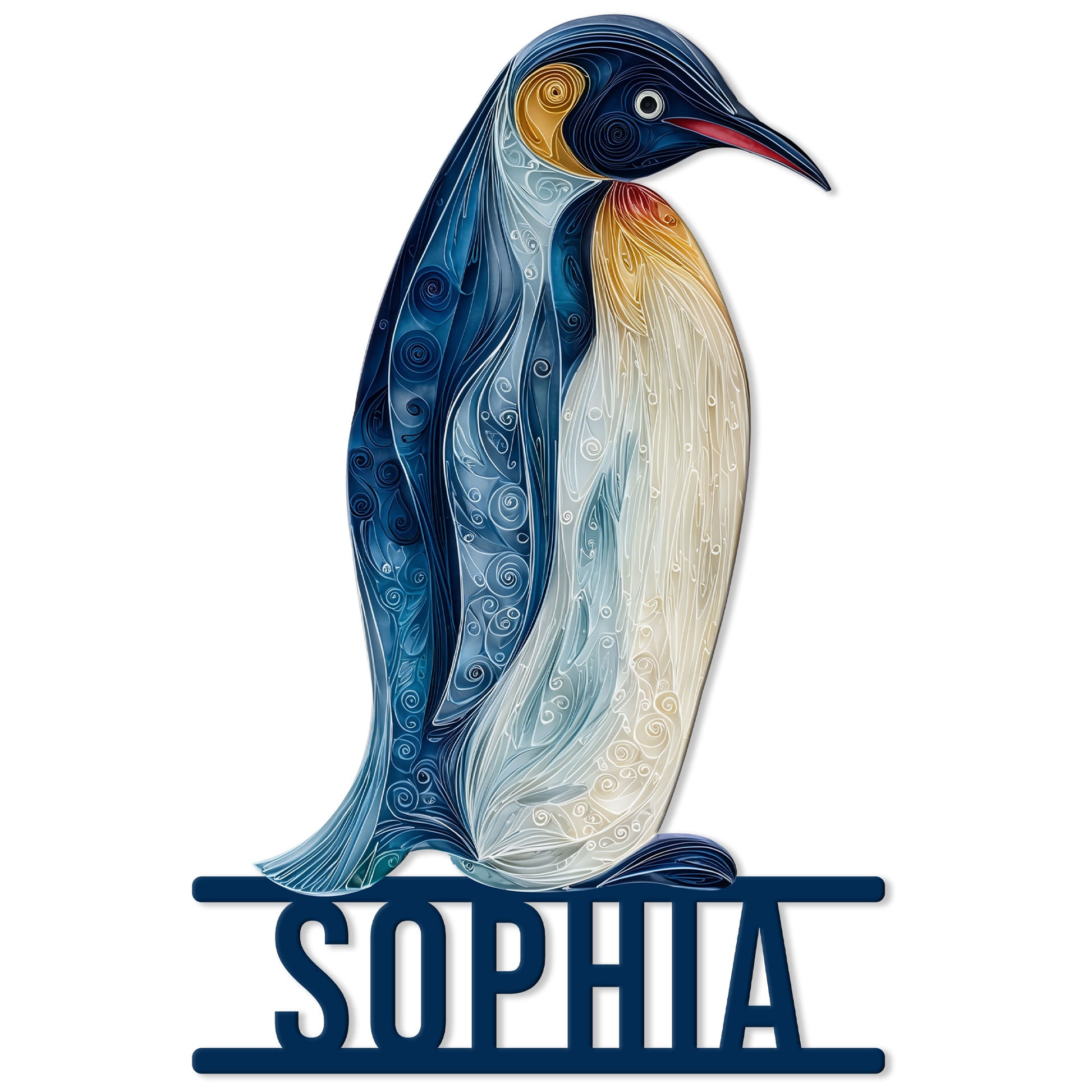 Decorative cut metal sign featuring a blue and gold penguin with ornate feather details