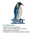 Product information graphic showing a blue and gold penguin cut metal sign