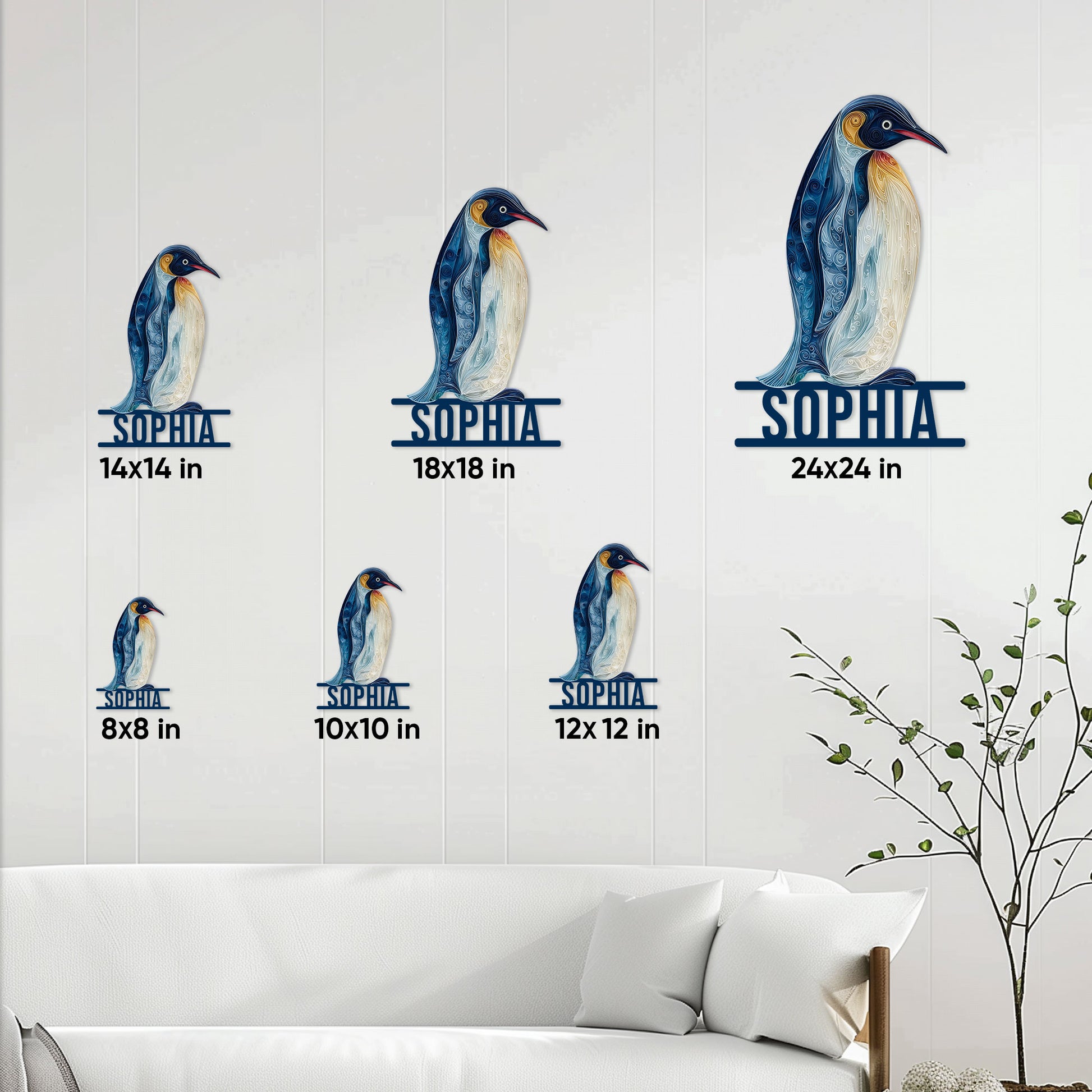 Penguin metal sign size guide showing available 8, 10, 12, 14, 18, and 24 inch options