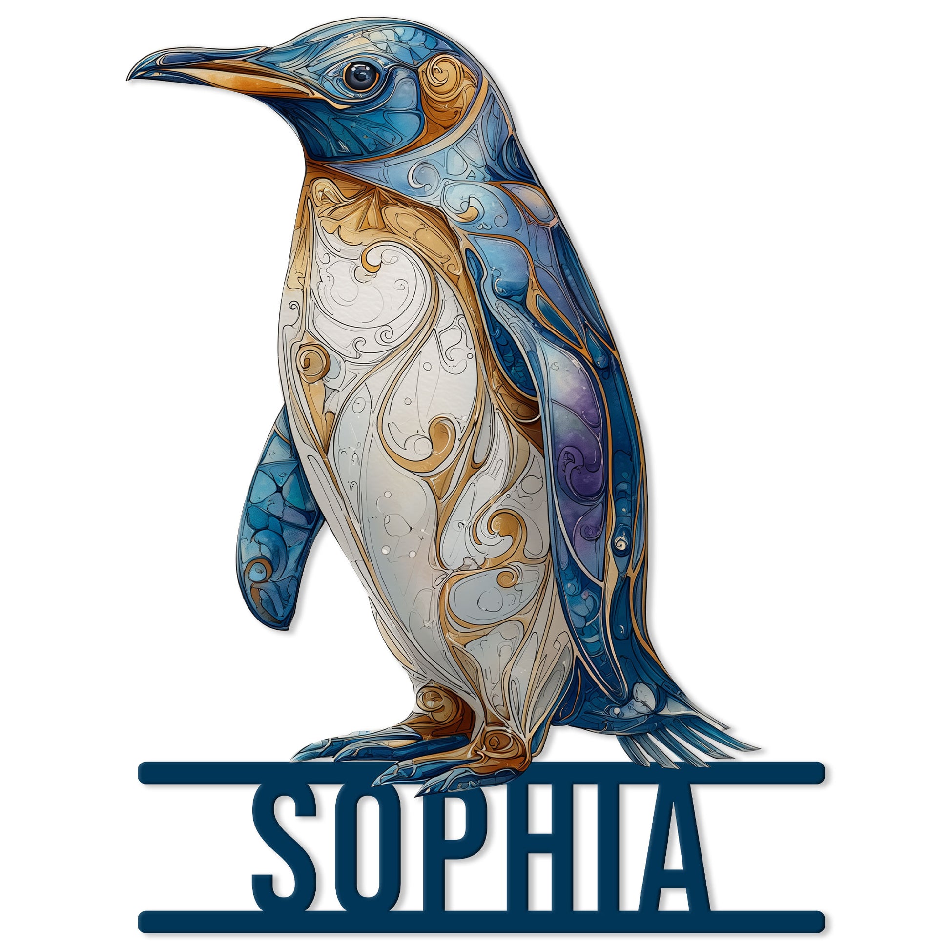 Ornate blue and gold penguin metal sign with a decorative cutout silhouette and custom design