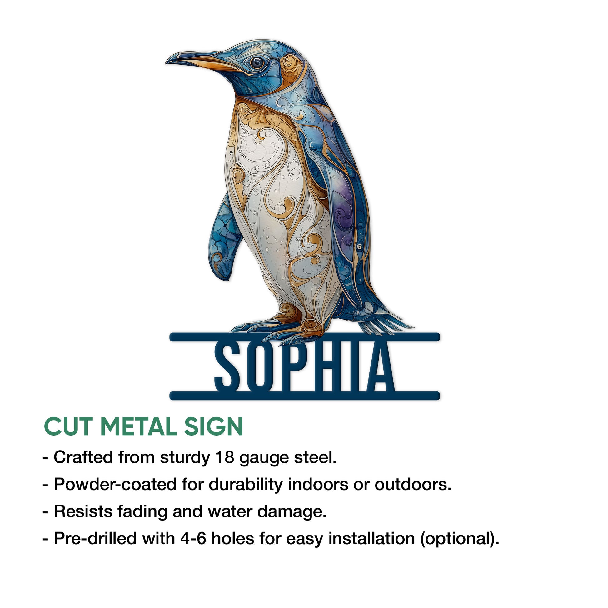 Decorative penguin cut metal sign shown with product features and indoor or outdoor display details