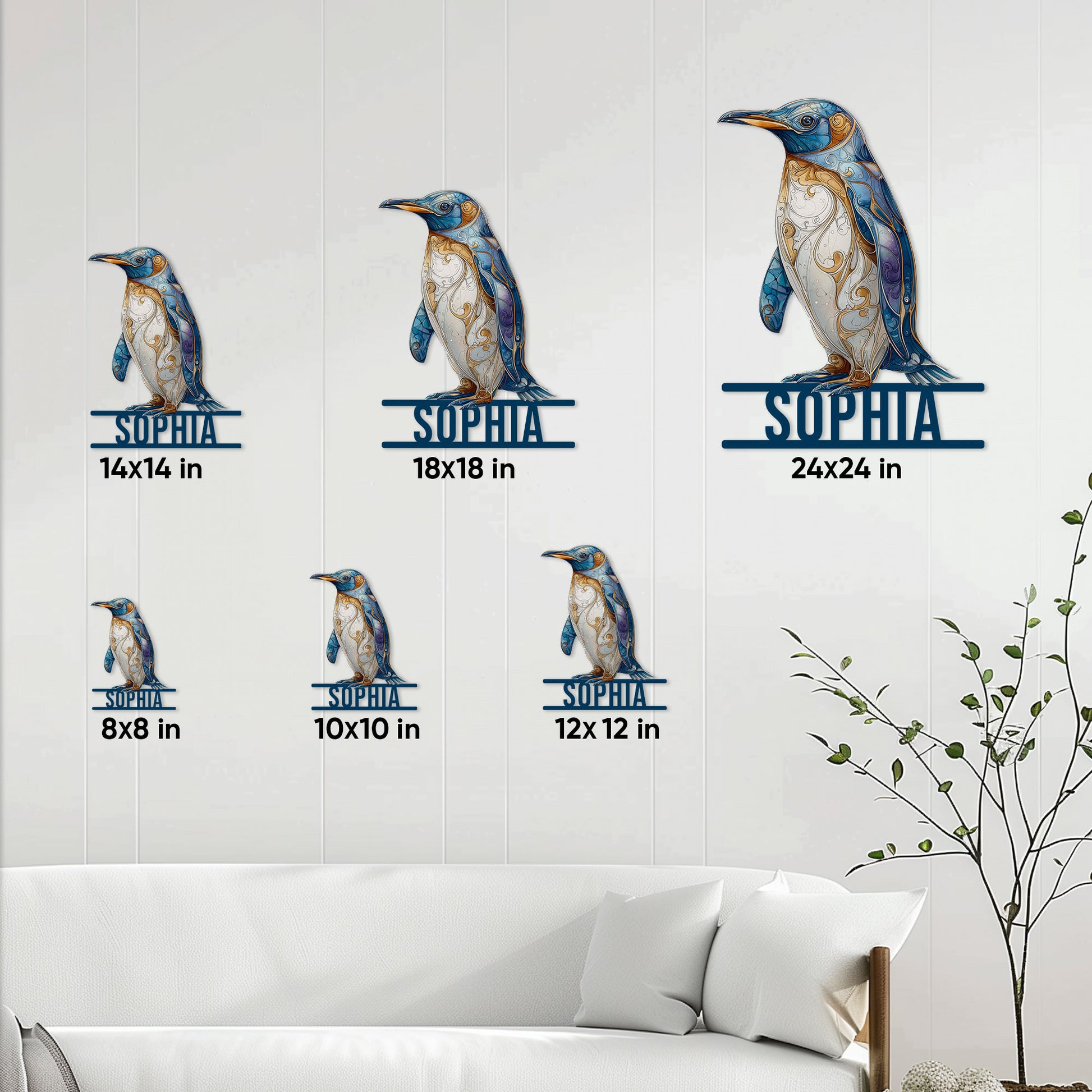 Penguin metal sign shown in multiple size options on a living room wall